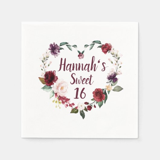 Rotes Blumenherz Sweet 16 Party Serviette (Vorderseite)