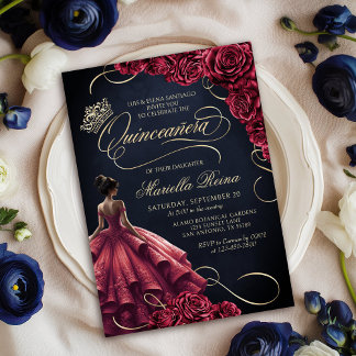 Rotes Blumenkleid Quinceañera Einladung