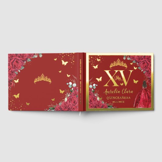 Rotes Blumenkleid Quinceañera Quince 15 XV Gold Gästebuch (Voll)