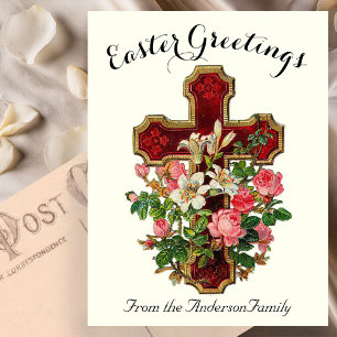 Rotes Blumenkreuz Vintag Ostern Religiös Postkarte