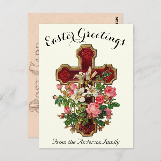 Rotes Blumenkreuz Vintag Ostern Religiös Postkarte (Vorne/Hinten)