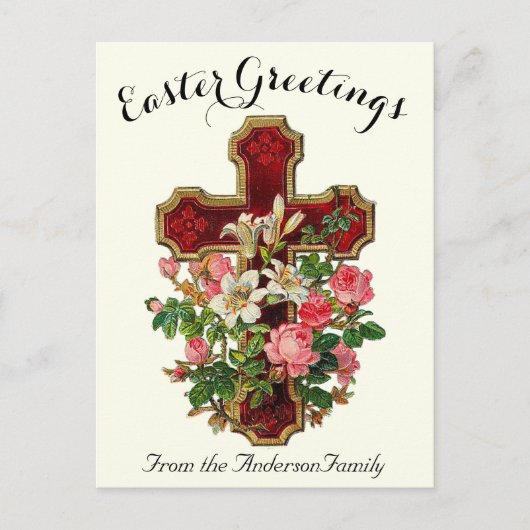 Rotes Blumenkreuz Vintag Ostern Religiös Postkarte (Vorderseite)