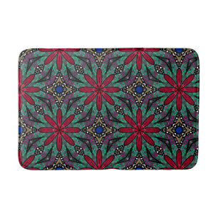 Rotes Blumenmuster mit Grün und Blau Badematte