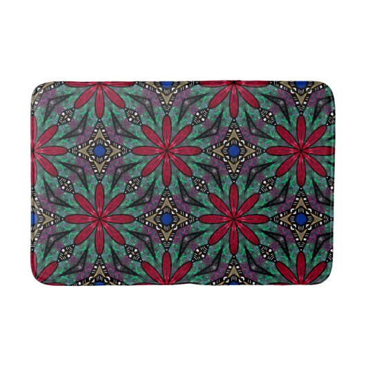 Rotes Blumenmuster mit Grün und Blau Badematte (Vorderseite)