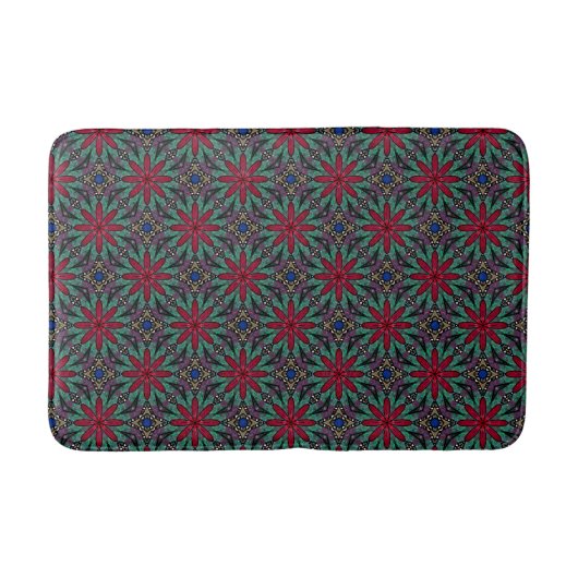 Rotes Blumenmuster mit Grün und Blau Badematte (Vorderseite)