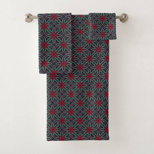 Rotes Blumenmuster mit Grün und Blau Badhandtuch Set (Insitu)