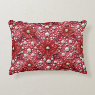 Rotes Blumenmuster mit Perlenakzenten Dekokissen