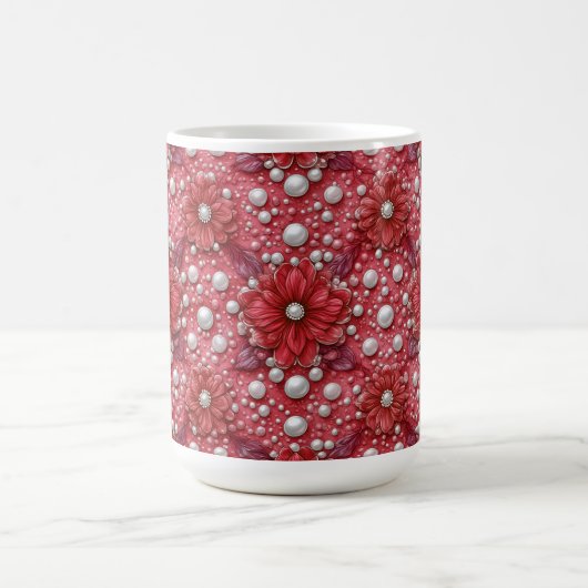 Rotes Blumenmuster mit Perlenakzenten Kaffeetasse (Mittel)