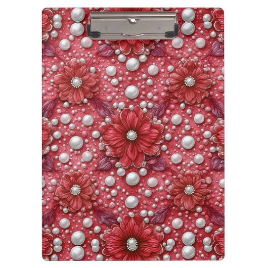 Rotes Blumenmuster mit Perlenakzenten Klemmbrett (Vorderseite)