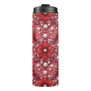 Rotes Blumenmuster mit Perlenakzenten Thermosbecher