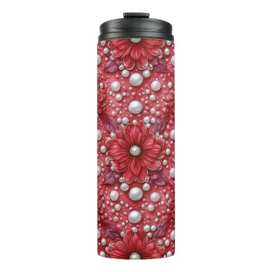 Rotes Blumenmuster mit Perlenakzenten Thermosbecher (Vorderseite)