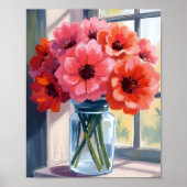 Rotes Blumenstrauß-Vase-Aquarell-Gemälde Poster (Vorne)
