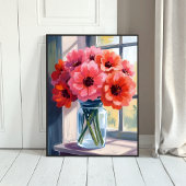 Rotes Blumenstrauß-Vase-Aquarell-Gemälde Poster