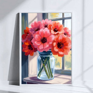 Rotes Blumenstrauß-Vase-Aquarell-Gemälde Poster