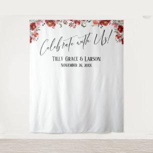 Rotes Blumiges Feiern Sie mit uns! Foto-Hintergrun Wandteppich