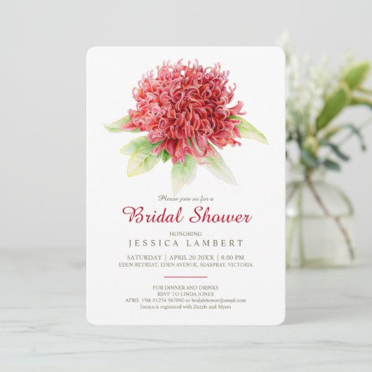 Rotes Bordeaux-Waratah-Brautparty Einladung (Stehend Vorderseite)