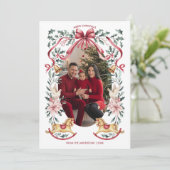 Rotes Bow Botanisches Weihnachtsrockpferd Foto Feiertagskarte (Stehend Vorderseite)