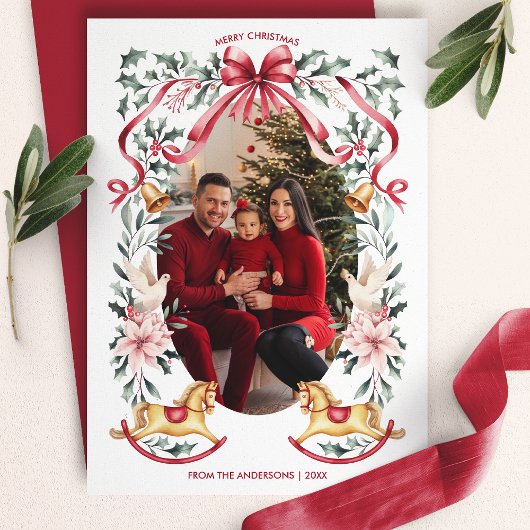 Rotes Bow Botanisches Weihnachtsrockpferd Foto Feiertagskarte