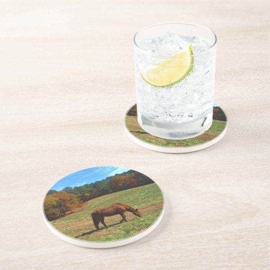 Rotes braunes Pferd, Bäume fallen, blauer Himmel Getränkeuntersetzer (Seite)