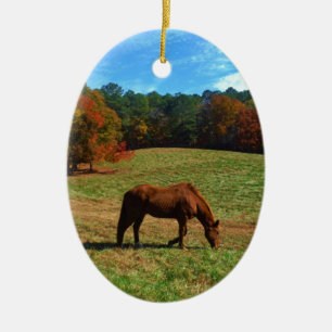 Rotes braunes Pferd, Bäume fallen, blauer Himmel Keramik Ornament