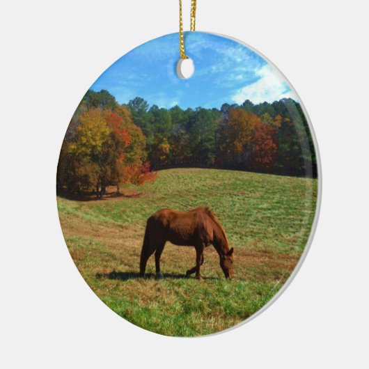 Rotes braunes Pferd, Bäume fallen, blauer Himmel Keramikornament (Links)