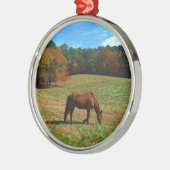 Rotes braunes Pferd, Bäume fallen, blauer Himmel Ornament Aus Metall (Links)