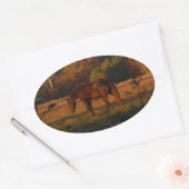 Rotes braunes Pferd, Herbstwald. Ovaler Aufkleber (Umschlag)