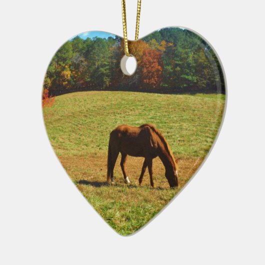 Rotes Braunes Pferd im Herbst Keramik Ornament (Links)