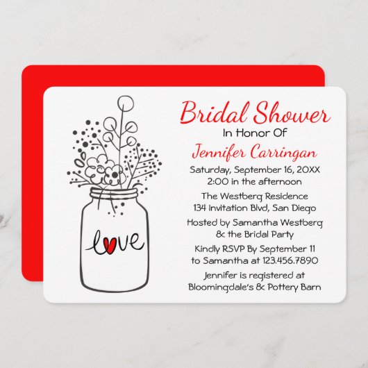 Rotes Brautparty Mason Jar Blume Einladung (Vorne/Hinten)