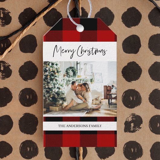 Rotes Buffalo Kariert & Frohe Weihnachten mit Foto Geschenkanhänger