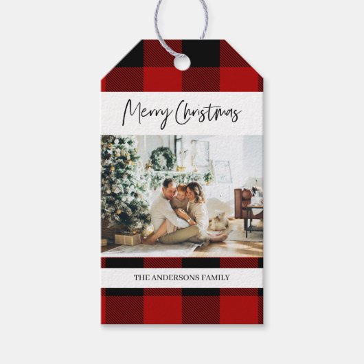 Rotes Buffalo Kariert & Frohe Weihnachten mit Foto Geschenkanhänger (Vorderseite)