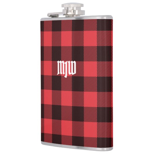 Rotes Buffalo Kariert Monogramm Flachmann (Links)