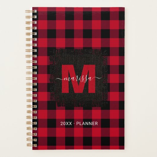 Rotes Buffalo Kariert Monogramm Name 2025 Planer (Vorderseite)