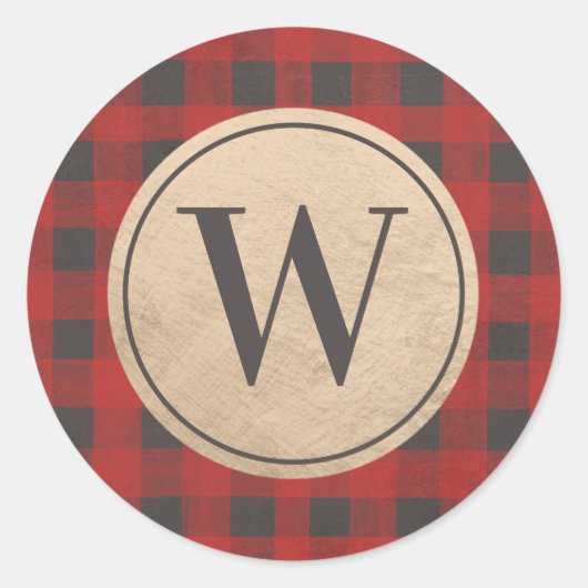 Rotes Buffalo Kariert Monogramm Runder Aufkleber (Vorderseite)