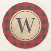Rotes Buffalo Kariert Monogramm Runder Pappuntersetzer (Vorderseite)