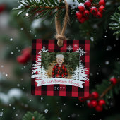 Rotes Buffalo Kariert Rustikales Pine Trees Family Ornament Aus Metall