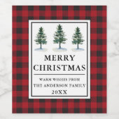 Rotes Buffalo Karierte Aquarellkiefern Frohe Weihn Weinetikett (Einzelnes Label)