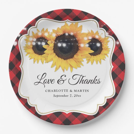 Rotes Buffalo Karierte Sonnenblumenhochzeit Pappteller (Vorderseite)