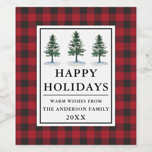 Rotes Buffalo Karierte Wasserfarben Pines Happy Ho Weinetikett (Einzelnes Label)