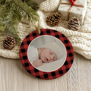 ROTES BUFFALO-KARO-MUSTER-NAME Foto-Weihnachtsande Ornament