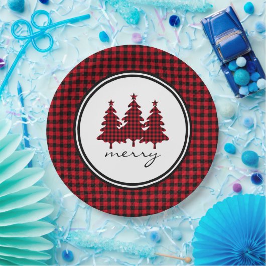 Rotes Buffalo Karo Pine Trees Pappteller (Party)