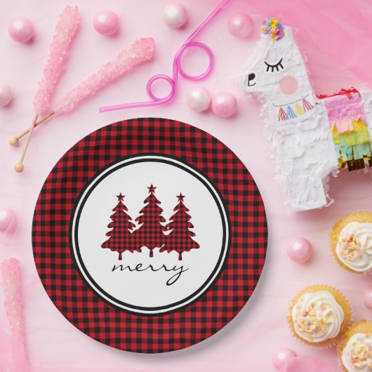 Rotes Buffalo Karo Pine Trees Pappteller (Party)