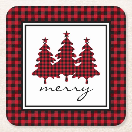 Rotes Buffalo Karo Pine Trees Rechteckiger Pappuntersetzer (Vorderseite)