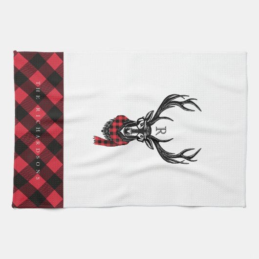 Rotes Buffalo-Monogramm aus Rustikal-Rentier-Rot-B Geschirrtuch (Horizontal)