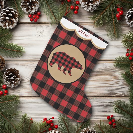 Rotes Büffel-Karo-Bär-Personalized Großer Weihnachtsstrumpf