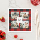 Rotes Büffel-Karo & Collage-Foto mit Initiale Serviette (Beispiel)