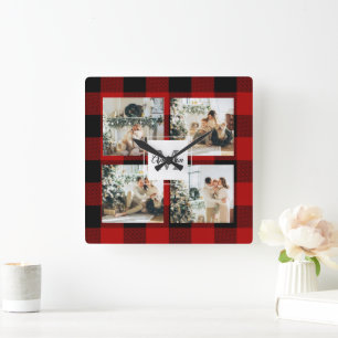 Rotes Büffel-Karo & Collage-Foto mit Initialen Quadratische Wanduhr