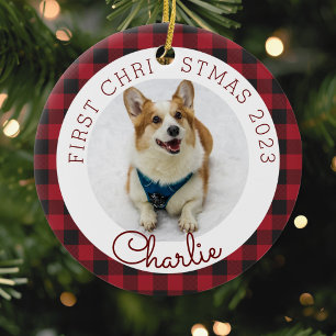 Rotes Büffel-Karo-Foto zum ersten Weihnachten des Keramik Ornament
