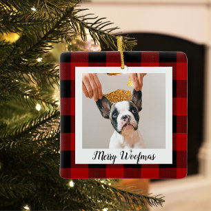 Rotes Büffel-Karo Hund Foto Frohe Woofmas Keramikornament
