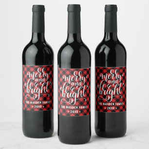 Rotes Büffel-Karo-Merry-And-Bright-Weihnachten Weinetikett